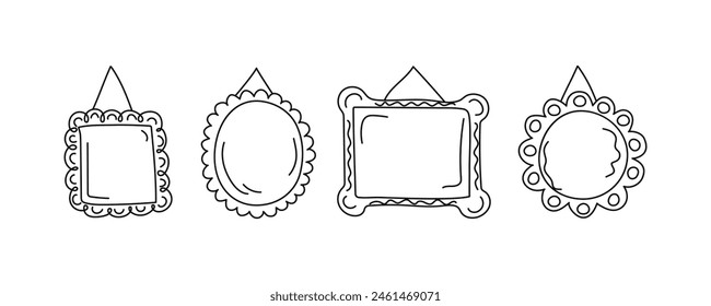 Cartoon frames, simple linear icons. Doodle, hand drawn collection of vertical blank templates for text decoration. Congratulatory or wedding frames. Vector layouts, space for text, photos.