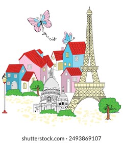 Caricatura de Francia y París. Viaje.Vector lindas ilustraciones de la torre Eiffel, calle, casa en el árbol para la tarjeta, poster camiseta o fondo