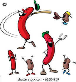 A cartoon of Frank and Beans playing some sports at a picnic. Layered vector file.