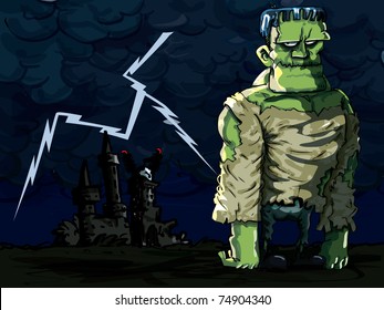 Cartoon Frankenstein monster in a night scene. Lightning in the back ground