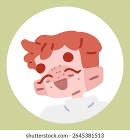 Cartoon Freckled Boy Avatar Icon. Smiling cartoon boy with red hair and freckles in a circular avatar frame. Flat colorful illustration with friendly expression, isolated on green background.