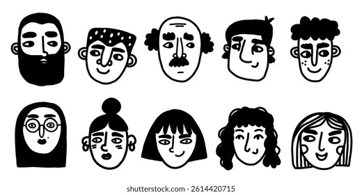 Cartoon freehand people faces doodles in simple vector style. Cute woman and man emotional avatars set collection for business, design elements, stickers, outline art. 