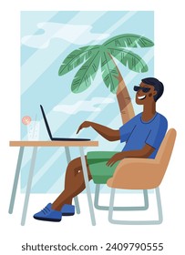 Cartoon freelancer. Man working at computer. Tropical resort. Freelance distance job. Summer vacation. Tourist sitting at laptop. Online technology. Office at beach