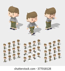 Cartoon freelancer minifigure. 3D lowpoly isometric vector illustration. The set of objects isolated against the white background and shown from different sides