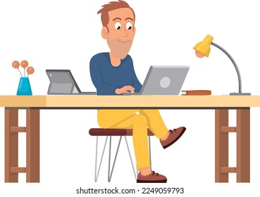 Caricatura independiente trabajando en laptop. Oficina doméstica, negocios remotos