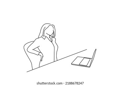 Cartoon of freelancer young woman suffering with back pain while working in her office at home. line art style
