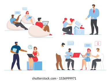 Cartoon Freelancers People Characters Working On Laptop Together Flat Set. Bloggers Sharing Coworking Space. Man And Woman Chatting In Social Media. Flexible Work Schedule. Vector Illustration