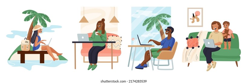 Cartoon freelancers. Workers in free working atmosphere. Men or women with laptops on beach. Mother with child in home office. Remote job. Employees in relaxing poses