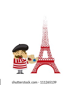 cartoon french artist with tower Eiffel over white background. vector