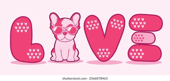 Cartoon French Bulldog chill sitting Wearing pink heart Sunglasses as word of love, dog lover concept