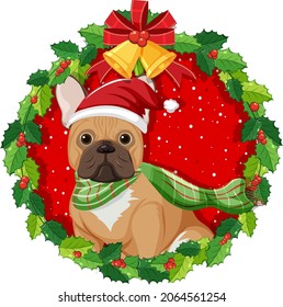 Cartoon french bulldog in Christmas wreath isolated illustration