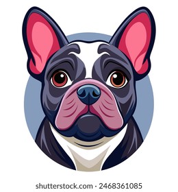 A cartoon French bulldog is gazing into the camera