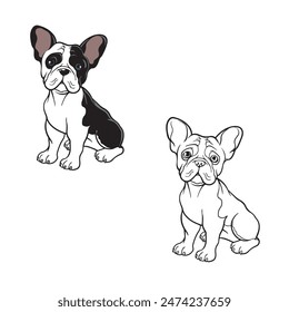 Dibujo animado bulldog francés aislado sobre fondo blanco. Dibujo con estilo de arte lineal. Estilo de contorno de diseño simple. Diseño plano y contorno. Ilustración vectorial