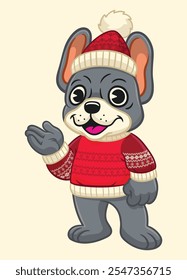 Cartoon of French Bulldog Mascot Wearing Christmas Sweater