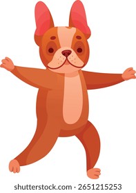 Cartoon francês buldogue praticando ioga guerreiro pose, promovendo o bem-estar animal de estimação e um estilo de vida saudável, perfeito para os amantes de animais e entusiastas de ioga