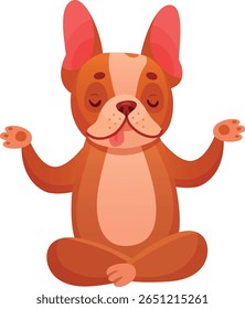 Cartoon french bulldog practicing yoga, meditating in lotus position with closed eyes and tongue out, isolated on white background, representing mindfulness, relaxation and inner peace