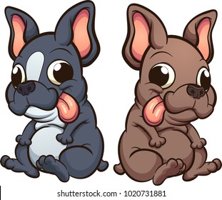 Cartoon French Bulldog puppies sitting. Vector clip art illustration with simple gradients. Each one on a separate layer. 
