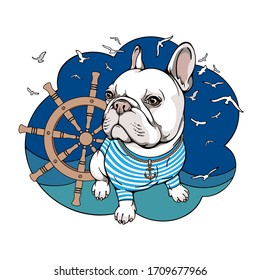 Cartoon french bulldog in a sailor's vest. Dog on the background of the helm, waves and seagulls.