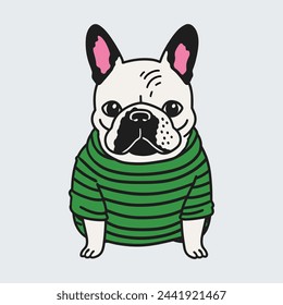 Cartoon french bulldog wearing striped green shirt. Cute sitting dog isolated on white background. Vector illustration