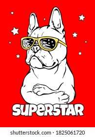 
Cartoon french bulldog wearing sunglasses. The dog is a superstar. Stylish image for printing on any surface