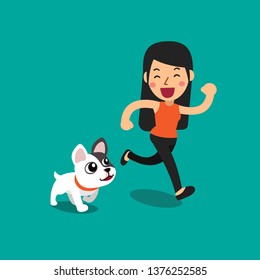 Cartoon french bulldog and a woman for design.