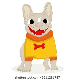 Cartoon French bulldog in a yellow sweater with a red collar and a bone pattern, with a cheerful smile and a red tongue, on a white background. Simple and bright style.
