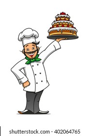 Cartoon french chef presenting the tray with tiered chocolate cake topped with buttercream and fresh berries. Pastry and confectionery shop or restaurant menu themes