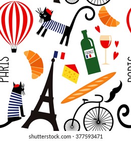 Cartoon french culture symbols seamless pattern. Funny Paris illustration: wine, Eiffel tower, baguette, retro bicycle, mustache, cheese.  Summer holidays in Paris vector background.