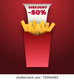 Cartoon french fries in box with red ribbon in paper cut  trendy craft style. Modern design for advertising, branding greeting card, cover, poster, banner. Vector illustration.