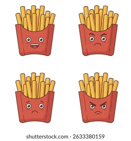 Cartoon French fries in red containers showing happy, sad, annoyed, and angry faces, each with expressive eyes and mouth on a clean white background.