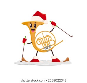 Cartoon French horn character wearing Christmas hat skiing with festive winter accessories. Playful and whimsical musical instrument personage enjoying winter holiday fun, and cheerful Xmas activities