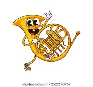 Cartoon french horn groovy musical instrument character. Isolated vector brass pipe, retro y2k personage with happy face dancing and smiling, inviting for music school, or funky concert performance