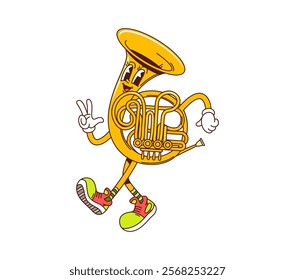 Cartoon french horn groovy musical instrument character. Isolated vector brass pipe, retro y2k personage with happy face flashing peace sign, inviting for music school or funky concert performance