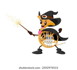 Cartoon french horn Halloween mage and wizard musical instrument character with magic wand. Fantasy wind instrument personage wearing cape and witch hat. Vector horn woodwind pipe casting spell