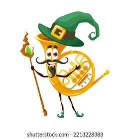 Cartoon french horn mage character with magic staff. Fantasy wizard musical wind instrument wear witch hat. Isolated vector horn woodwind pipe personage for music school education