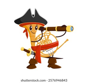 Cartoon French horn musical instrument pirate and corsair character with telescope, tricorn and sword. Isolated vector buccaneer wind brass pipe personage looking for music adventure in the high seas