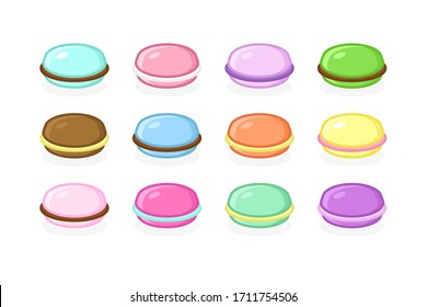 Cartoon french macaroons set on white background. Different flavors: mint, vanilla, chocolate, strawberry, orange, matcha. Vector illustration  
