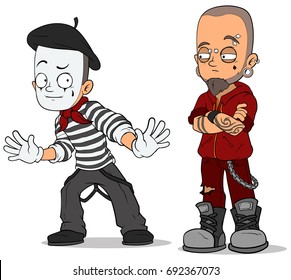 Cartoon french mime and punk with tattoo and piercing characters vector set