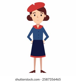 a cartoon french woman.with traditional clothes France and a red beret on her head .Suitable for children's books, sticker,t shirt design, mascot, logo.Vector on white background Pro Vector