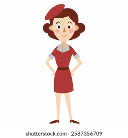 a cartoon french woman.with traditional clothes France and a red beret on her head .Suitable for children's books, sticker,t shirt design, mascot, logo.Vector illustration  on white background Vector