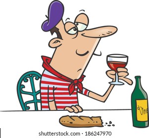 cartoon frenchman drinking wine and eating bread