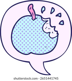 cartoon fresh bitten apple with speech bubble in comic book style in bright neon color