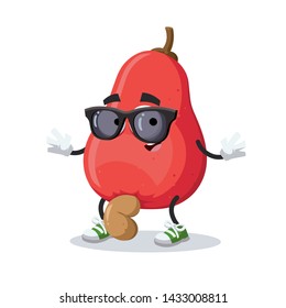 cartoon fresh cashew fruit character mascot in black sunglasses on a white background