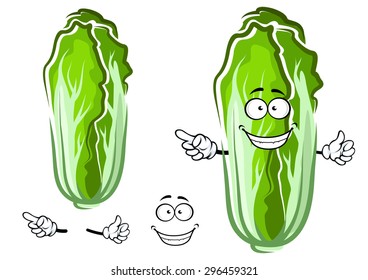 Cartoon fresh chinese cabbage vegetable character with wrinkled green leaves, cheerful smiling face and pointing hand gesture