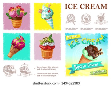 Cartoon fresh cold desserts composition with colorful tasty ice cream with chocolate nuts milk raspberry currant gooseberry flavors vector illustration
