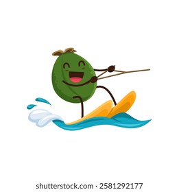 Cartoon fresh feijoa fruit enjoying jet ski sports on summer holiday at beach. Isolated vector amusing personage engaging in outdoor activities and leisure at ocean seaside resort during vacation