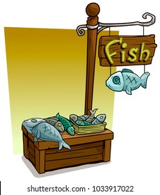 Cartoon fresh fish vendor booth or shop market wooden stand. Wooden sign with text Fish. Vector icon for game.
