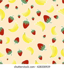 Cartoon fresh fruits in flat style. Strawberry, banana. Seamless pattern