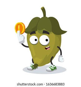 cartoon fresh green jojoba fruit mascot keeps the coin on white background