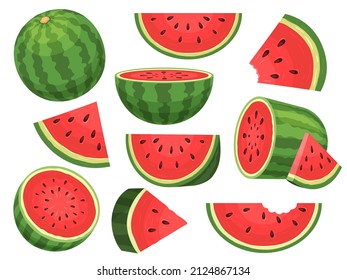 Cartoon fresh green open watermelon half, slices and triangles. Red watermelon piece with bite. Sliced cocktail water melon fruit vector set. Illustration of watermelon freshness nature - Shutterstock ID 2124867134